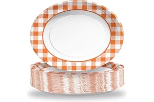 GRENCIAN 50pcs Fall Gingham Oval Paper Plates 10" x 12" Large Disposable Heavy Duty Orange & White Buffalo Checked Plaid Platters Thanksgiving Dessert Plates for Fall Harvest Themed Party Supplies Table Decor