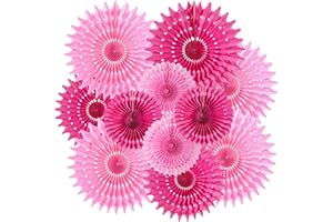 SUNBEAUTY Hanging Honeycomb Paper Fans Hot Pink Party Decorations Fuchsia Pink Birthday Paper Decoration for Wedding Graduation Events Accessories - 12Pcs