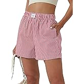 XinYangNi Women's Casual Striped Print Shorts Elastic High Waisted Straight Leg Bermuda Shorts with 2 Pockets