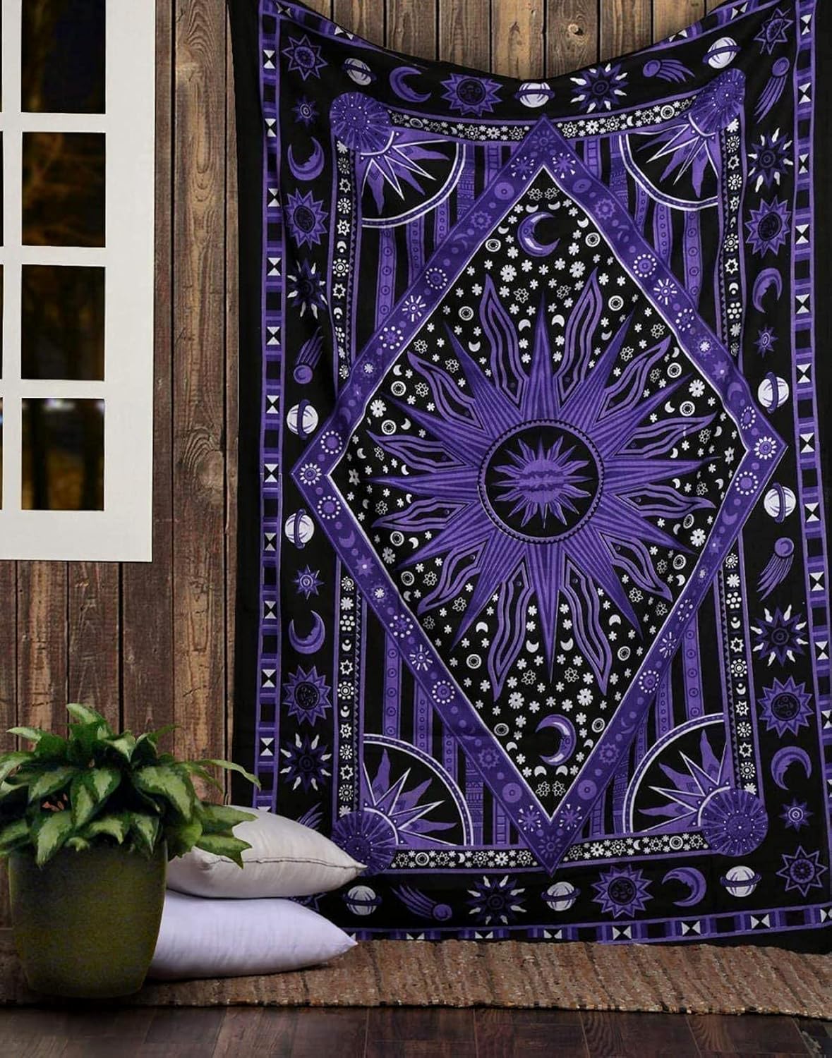 Tapestries - raajsee Burning Sun Purple Tapestry Bedroom Aesthetic- Zodiac Mandala Tarot Tapestry Wall Hanging – Indie Cotton Celestial Wall Décor Burning Sun Tapestries Trippy - Boho Tapestrys Hippie 52x60 inch