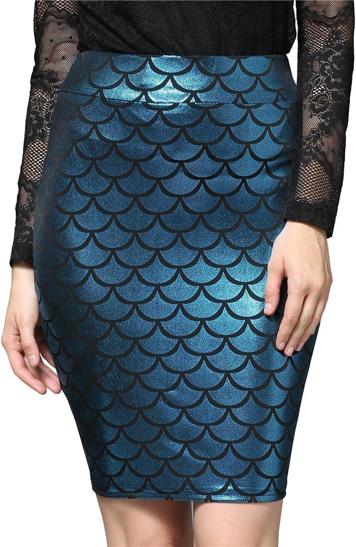 Womens Vibran Fish Mermaid Scale Pattern Bodycon Pencil Above Knee Mini Skirt XL