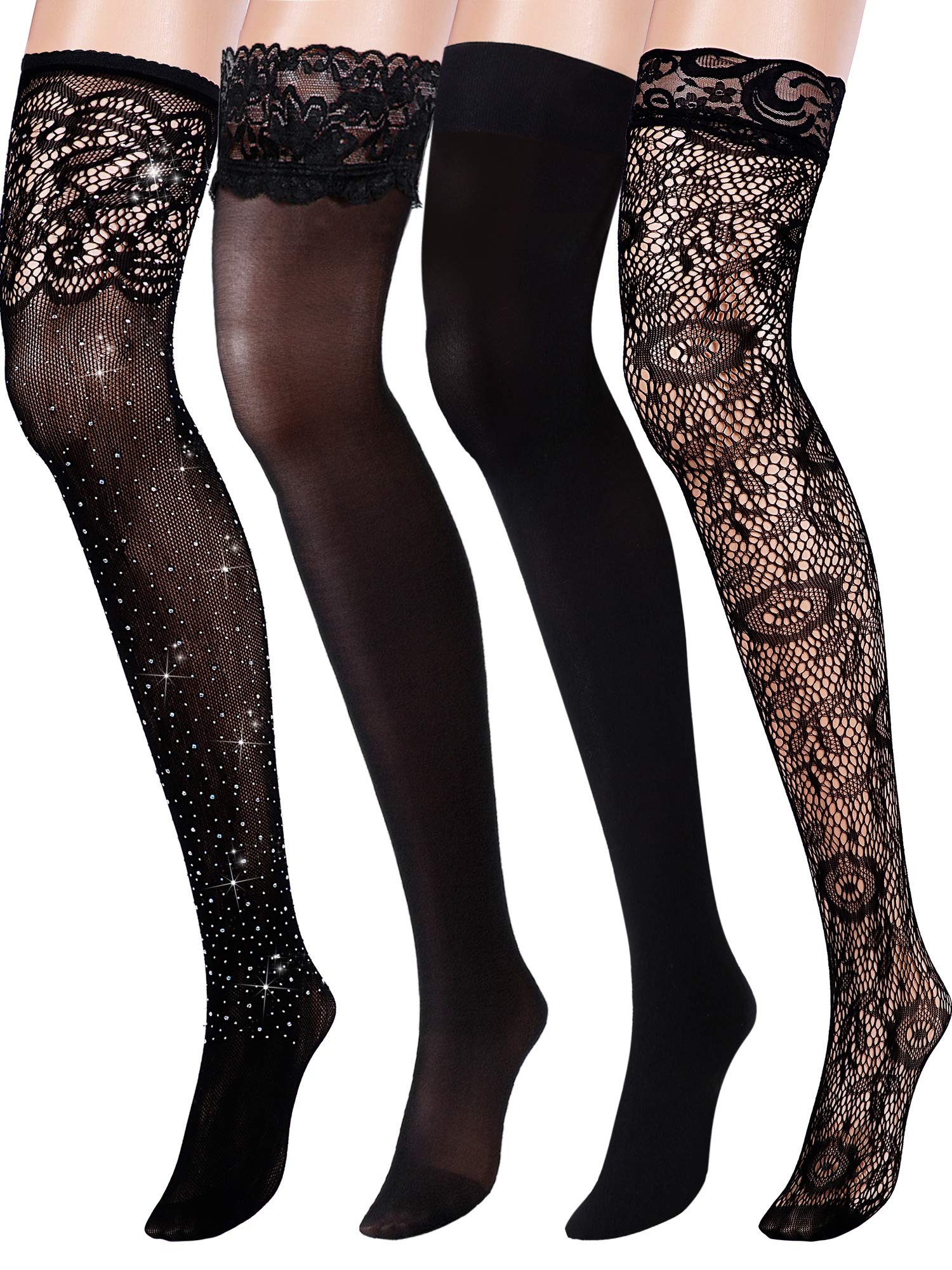 CHENGU 4 Pairs Woman's Black Lace Top Thigh-High Stockings Fishnet Stockings Satin Bows Silk Stockings Floral Rhinestone Stockings (Style A)