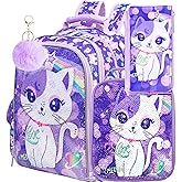 UFNDC 3PCS Cat Backpack for Girls, 16”Kids Sequin Bookbag with Lunch Box, Water Resistant School Bag for Elementary Preschool Toddler