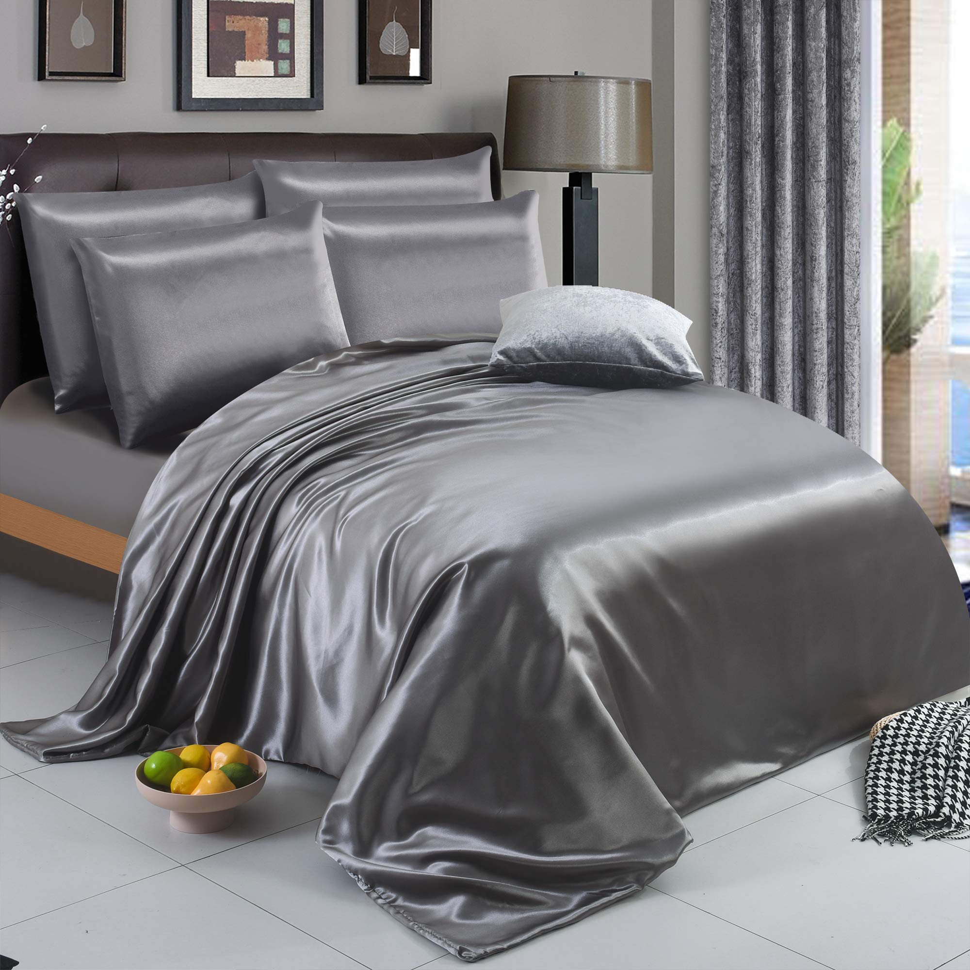 ZIMEL HOMES Six Pieces Satin Bedding Sets Duvet Cover, Fitted Sheet, 4 Pillow cases | Double, King and Super King Complete Silky Bedding Set (Silver, Double) — image 1