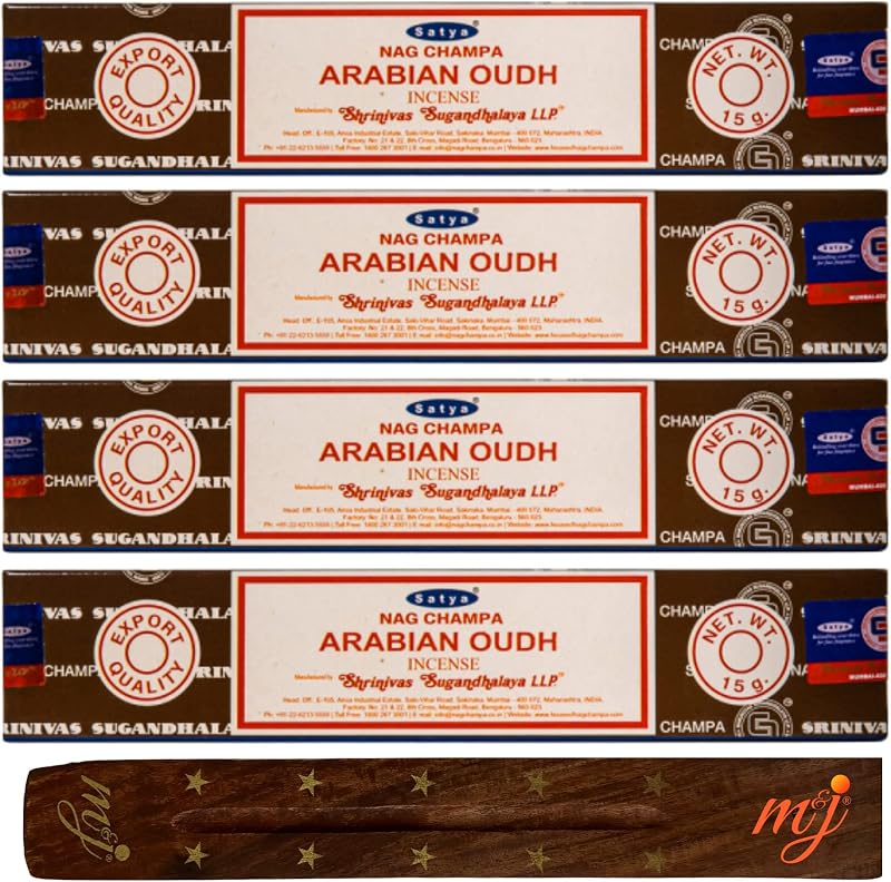 M & J Satya Nag Champa Arabian Oudh Incense Sticks 4 Pack w Holder