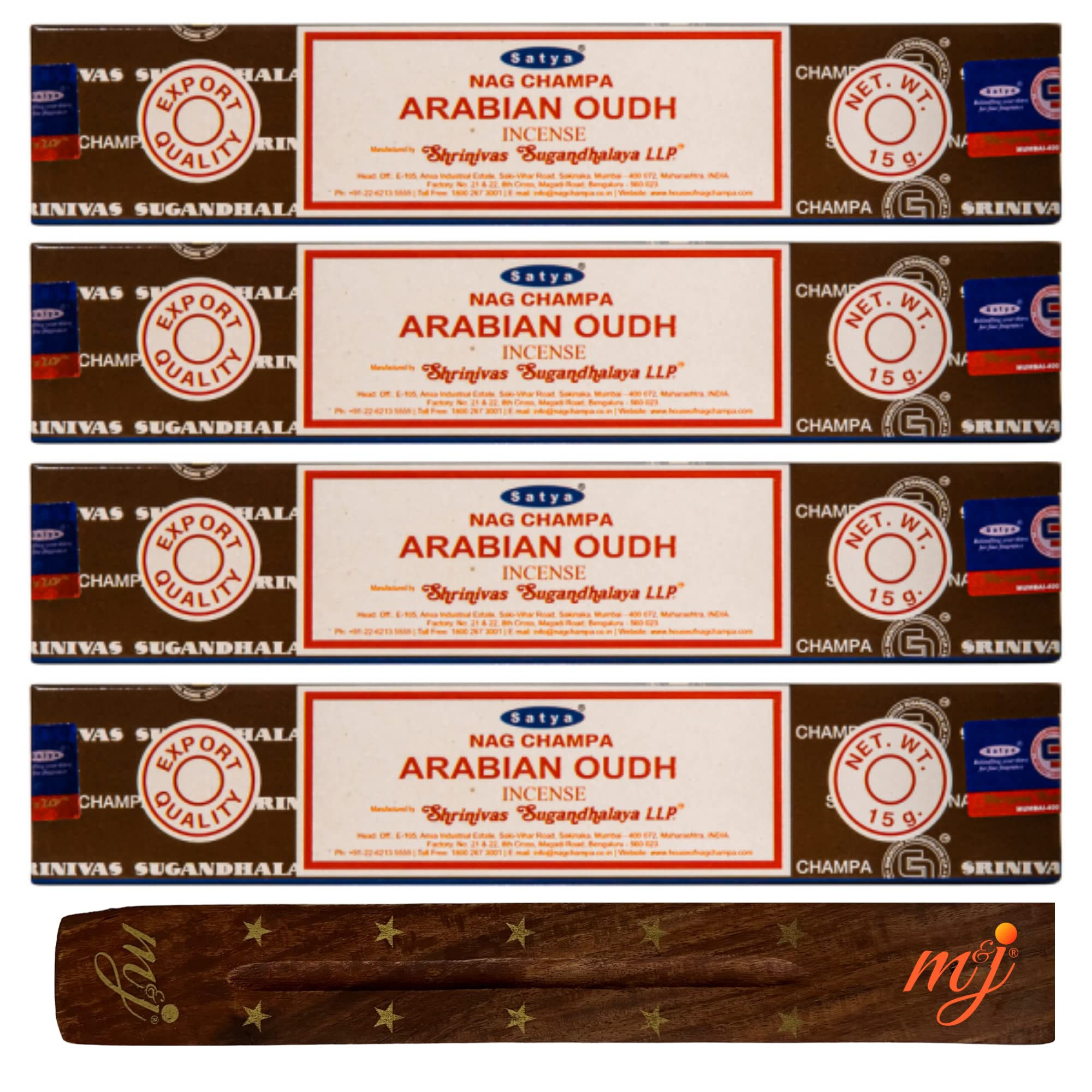 Original Satya Nag Champa Arabian Oodh Incense Sticks | with M&J incense sticks holder | x4 pack | for Aromatherapy, Spa, Yoga, Weddings, Meditation, Healing, Positivity and Relaxation — image 1