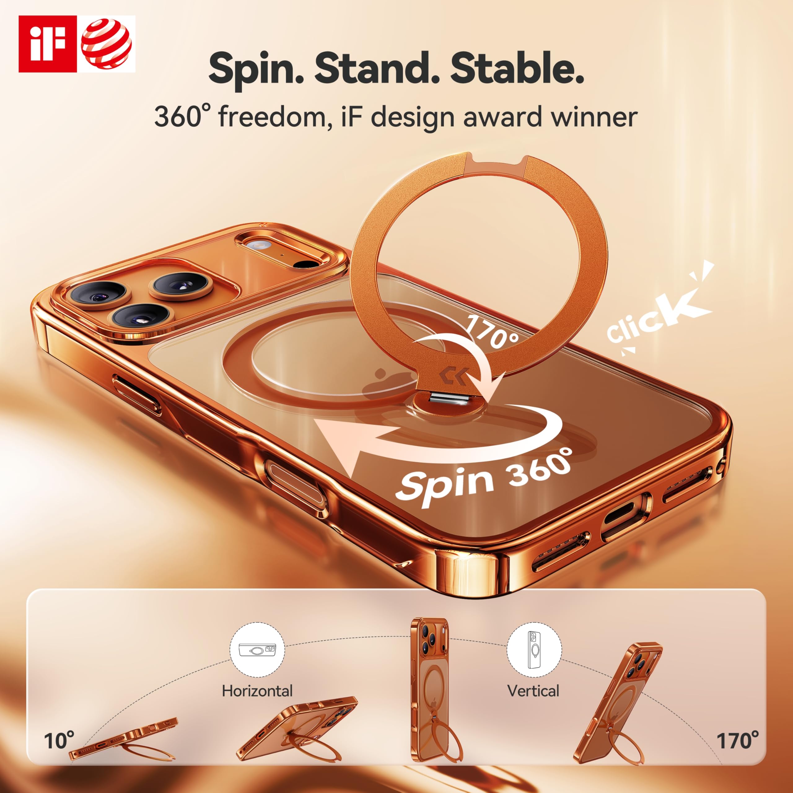 CASEKOO Cosmic Orange Glossy for iPhone 17 Pro Max Case [360 Spin Magnetic Stand][Fit for MagSafe][17FT Military Protection] Slim Polished for iPhone 17 Pro Max Case with Stand 6.9'', Cosmic Orange