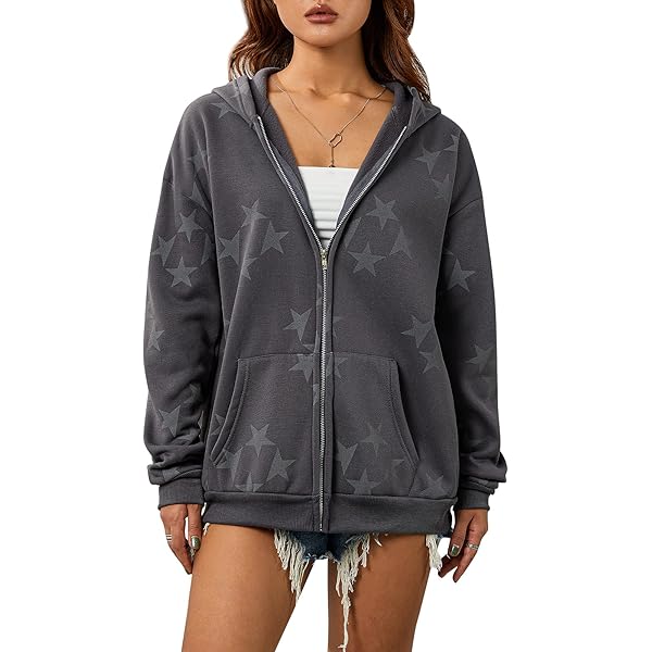 lisenraIn Women Teen Girls Star Pattern Zip Up Hoodie Y2K