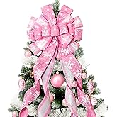 Christmas Tree Topper Christmas Wreath Bow, 52 * 13 inches Large Tree Toppers Bow with Snowflake Patterned for Xmas Tree Décor Christmas Home Indoor Outdoor Decoration Pink