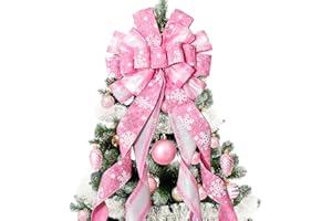 SAILUP Christmas Tree Topper Christmas Wreath Bow, 52 * 13 inches Large Tree Toppers Bow with Snowflake Patterned for Xmas Tree Décor Christmas Home Indoor Outdoor Decoration Pink