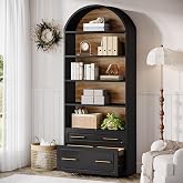 Tribesigns 76.8" Tall Arched 5-Tier Bookcase, Black | Bookshelf with File Cabinet Drawer, Modern Freestanding Wooden, Large Open Display Storage, For Home Office, Living Room