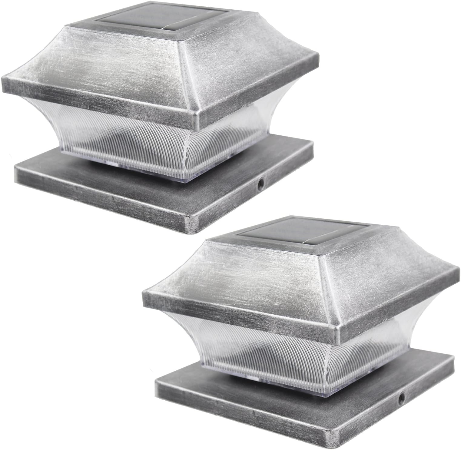 Solar Post Cap Lights Outdoor 4 x 4 Super Bright 15 Lumen 2 Pack Warm White LED Lamp for Vinyl Posts Caps 4x4 5x5 Waterproof 5" Root Sogrand Silver Lantern for Fence Deck Dock Porch