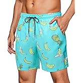 Gleeease Mens Swim Trunks Bathing Suit Men with Mesh Liner Pockets Drawstring Quick Dry Stretch Lined Funny Beach Swimming Blue Fruit Large