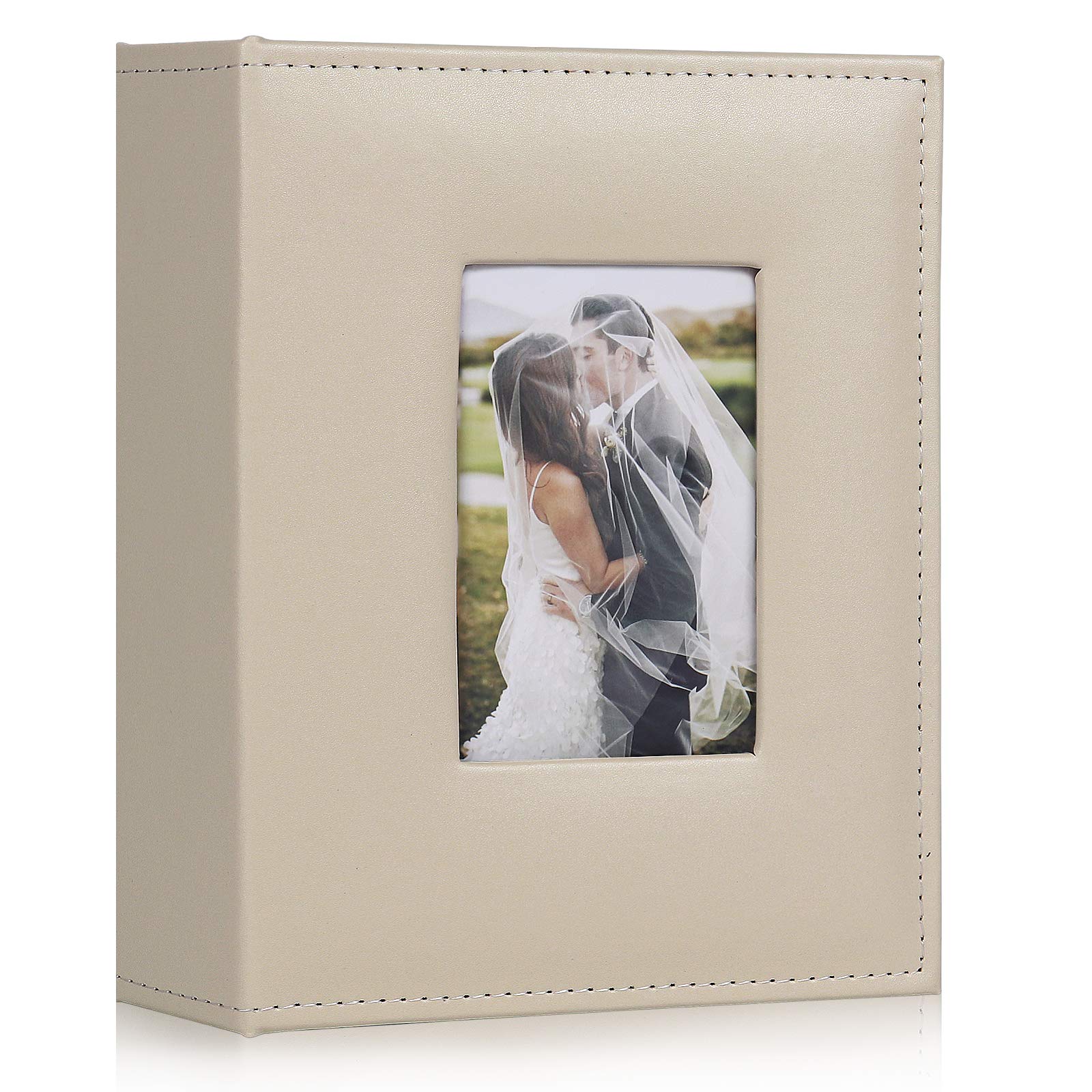 RECUTMS Photo Album 6x4 Photos Album Holds 200 Pockets Photo Premium Leather Black Pages 2 Pockets Small Photo Albums Memo Slot Wedding Anniversary Family Photo Book Albums（Beige）