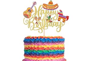YCTHUNFISH 1 Pack Happy Birthday Fiesta Cake Topper Guitar Cactus Donkey Rackets Pepper Cake Pick for Mexican Fiesta Theme Baby Shower Birthday Party Cake Decorations Supplies Gold