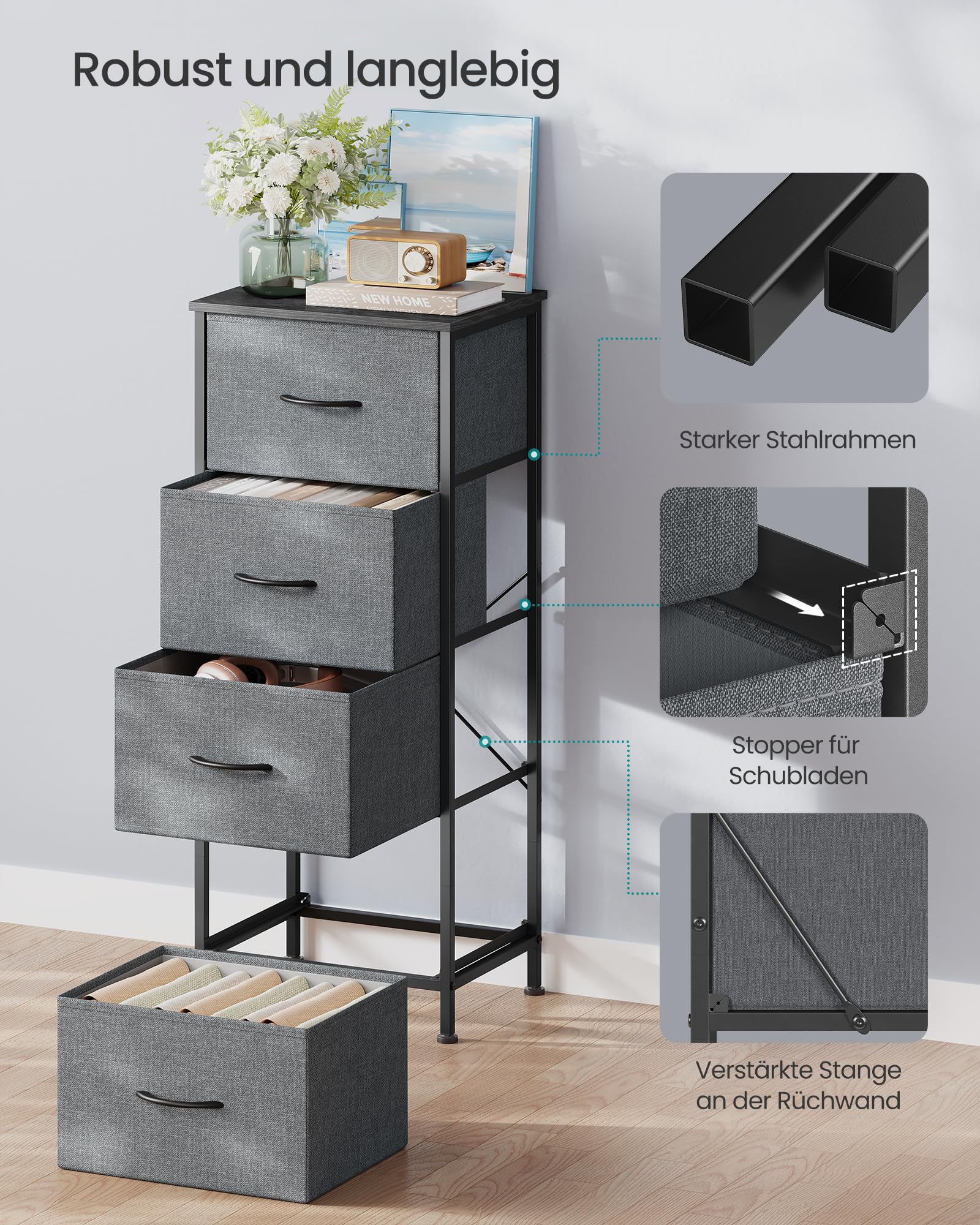 SONGMICS BELLAH Kollektion - Kommode, Schrank, Aufbewahrungsschrank, für Schlafzimmer, Flur, Wohnzimmer, Stahl, 4 Schubladen, modern, schiefergrau LGS314G101 6
