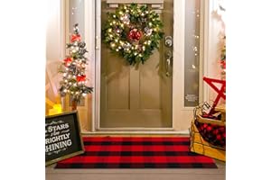 HOMYDECOR Christmas Red and White Plaid Rug, 24 x 51 Inches Cotton Hand-Woven Layered Door Mat for Front Porch, Entryway, Outdoor Holiday Decor, Washable Buffalo Check Rug for Home, Patio, Kitchen