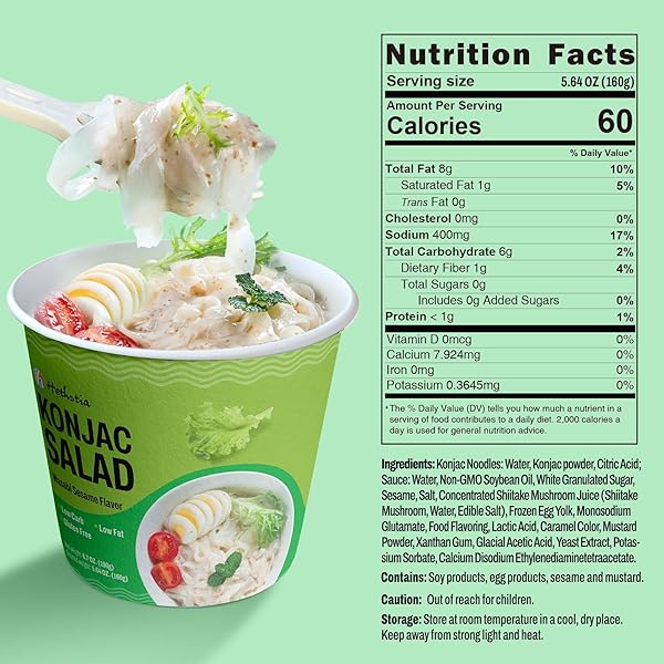 HETHSTIA KETO KONJAC NOODLE CUP, COLD SHIRATAKI FETTUCCINE WITH WASABI SESAME SAUCE, LOW CARB GLUTEN-FREE PASTA SIDE DISH, SUGAR-FREE VEGAN PRE-PACKAGED MEAL, READY TO EAT, 6.7 OZ (PACK OF 6)