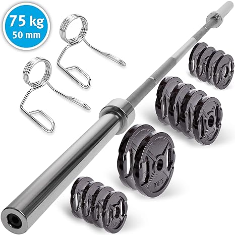C.P. Juego de pesas Olympia 75 kg, barra larga 220 cm + discos con ...