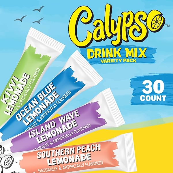 CALYPSO SINGLES TO GO! DRINK MIX VARIETY PACK – LEMONADE ON-THE-GO POWDERED DRINK MIX PACKETS – LOW CALORIE WATER ENHANCER – ISLAND WAVE, KIWI, SOUTHERN PEACH, OCEAN BLUE LEMONADE, 30 COUNT