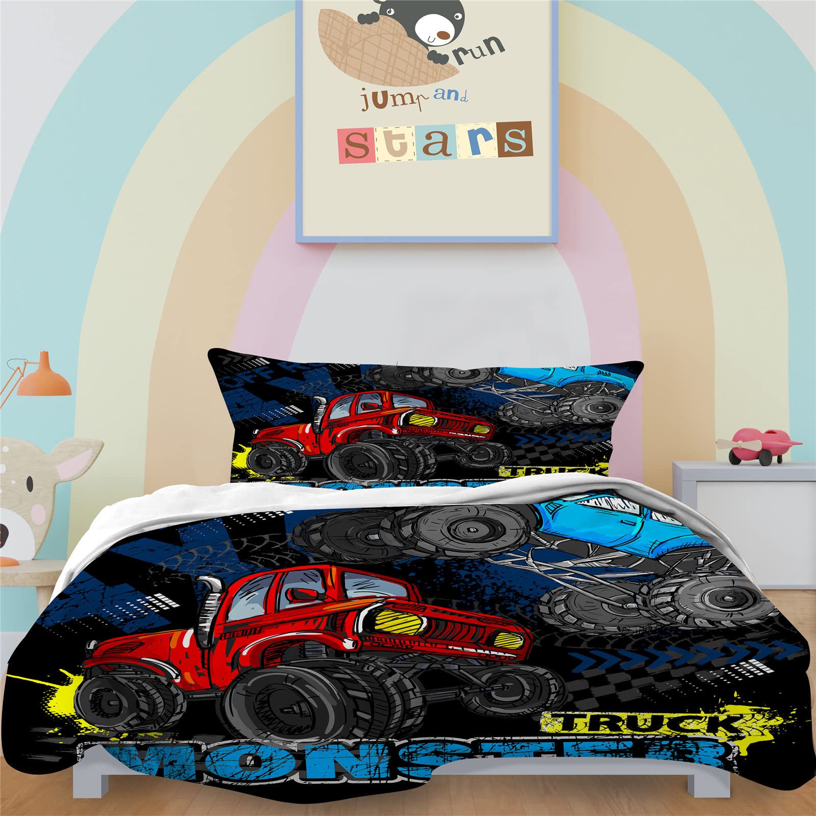 YUANZU Truck Duvet Cover Set Single for Kids Boys Teens Comforter Bedding Set 2 Pieces Blue Red Monster Truck Printed Soft Microfiber Quilt Cover with Zipper Closure (135x200cm & 1Pillowcase) โ image 1