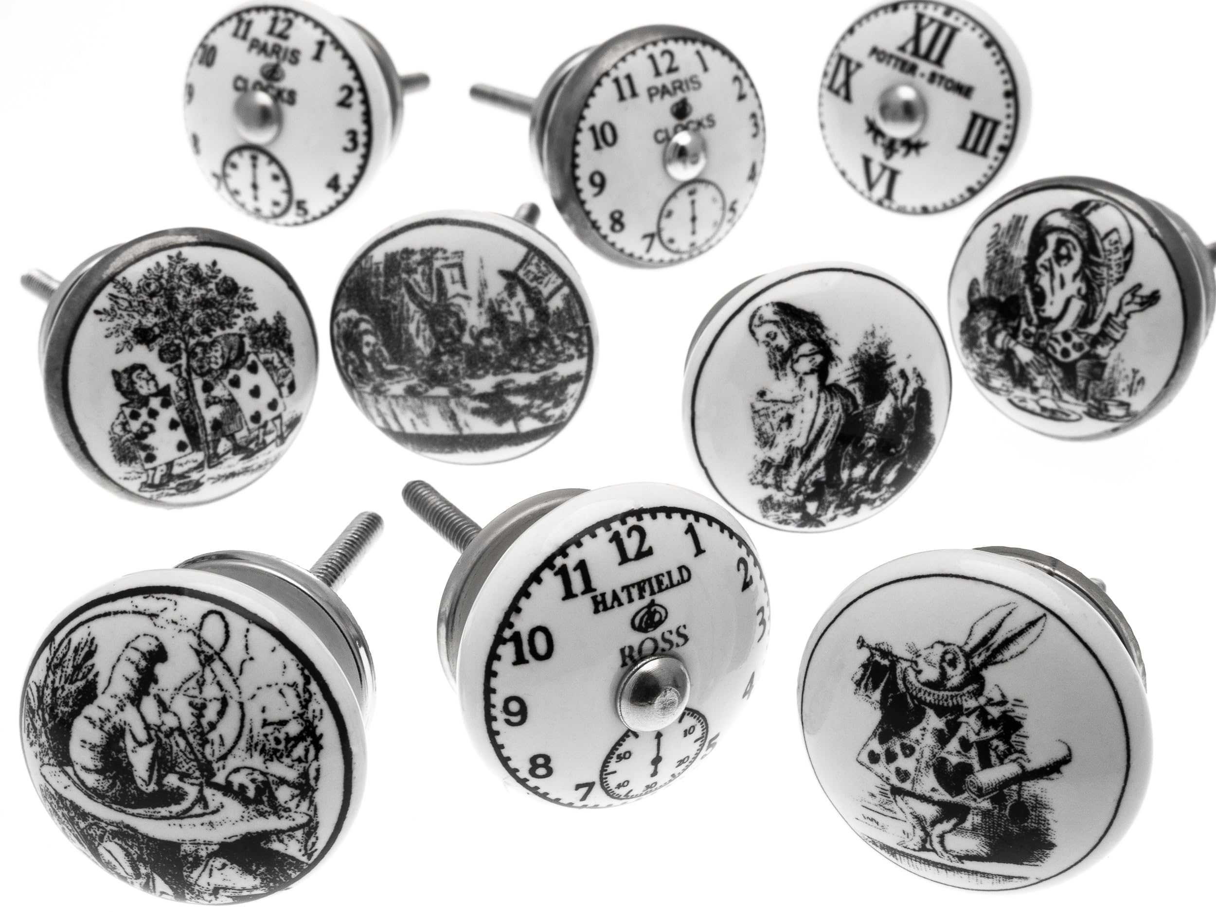 Mango Tree - Mixed Set of 'Alice in Wonderland - Clocks' Black & White Ceramic Cupboard Knobs x Pack 10 (MG-262)