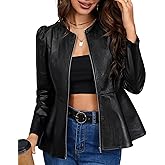 Kedera Womens Faux Leather Jacket Zip Up Puff Sleeve Peplum Coat Long Sleeve Jacket Crew Neck Crop Jacket Outwear