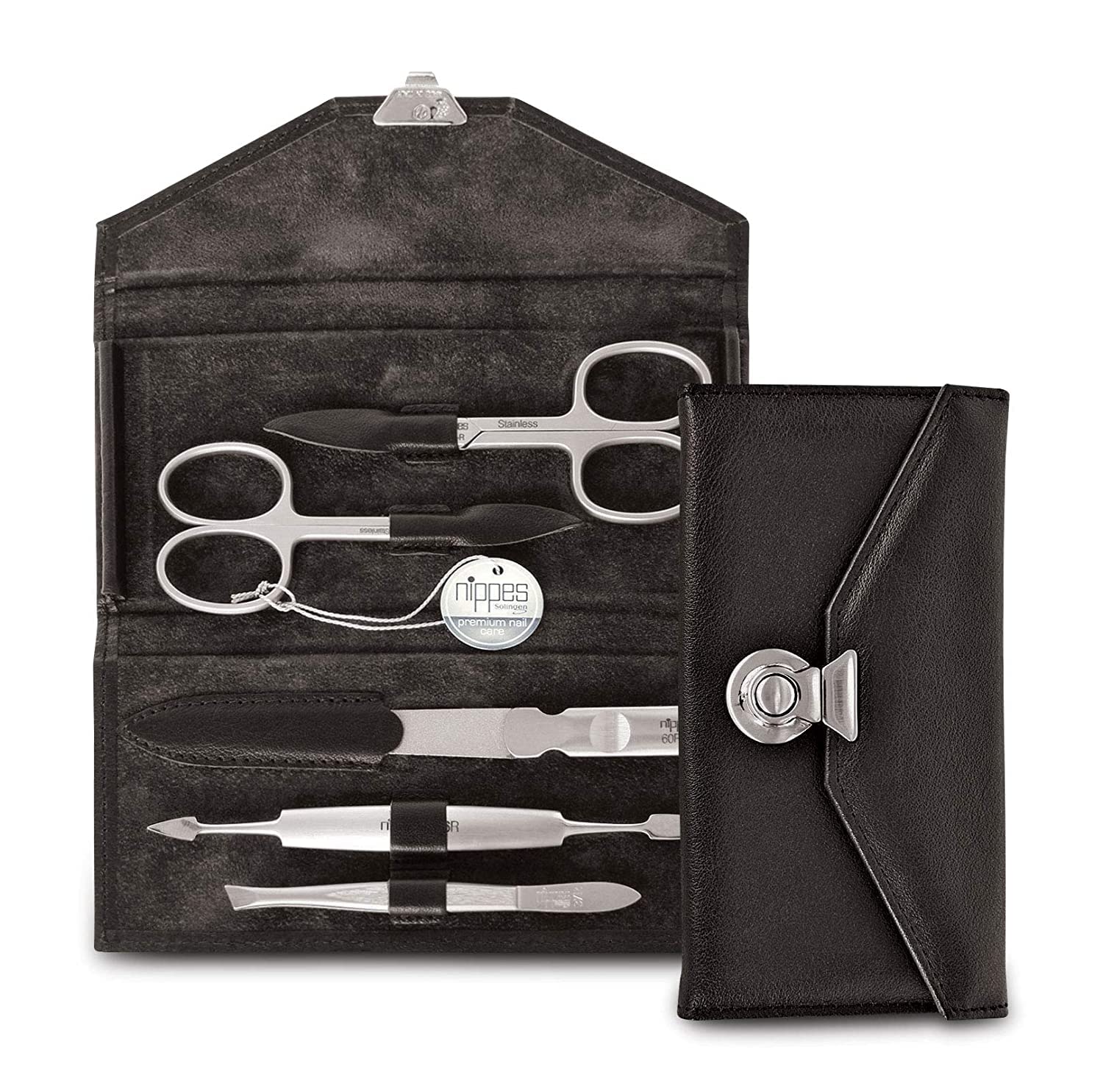 Nippes Solingen Nippes Premium Line Manicure Set Locks, 5 Pieces, Stainless Steel, Rust- and Nickel Genuine Cowhide Leather Case with Lock - Black