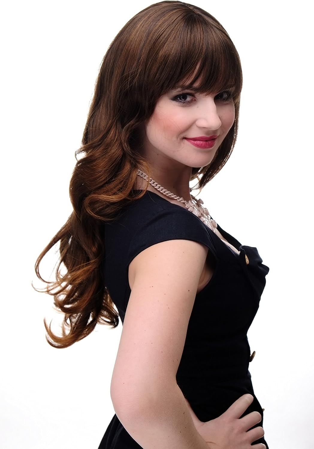 WIG ME UP 285-2T30 Lady Quality Wig very long beautiful curling ends straight top fringe bangs chestnut mixed brown approx 25inch - Image 5