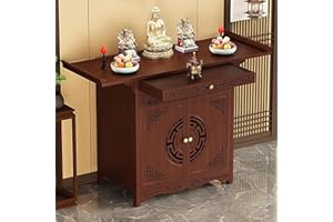 Buddhist Altar, Altar Cabinet, Meditation Shrine Table, Wooden Chinese Pedestal Offering Pooja Shelf with Door, L 26" 31.5" 3