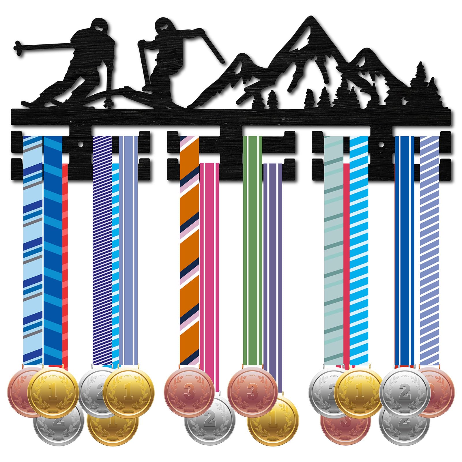 CREATCABIN Wooden Skiing Medal Holder Sport Medal Hanger Display Medal Rack Wall Rack Mounted over 30 Medals Awards Ribbon Stand Snowy Mountains for Competition Athletes Medalist Black 15.7x5.9Inch