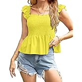 Clarisbelle Women's Summer Smocked Peplum Square Neck Ruffle Sleeveless Tank Top Shirt