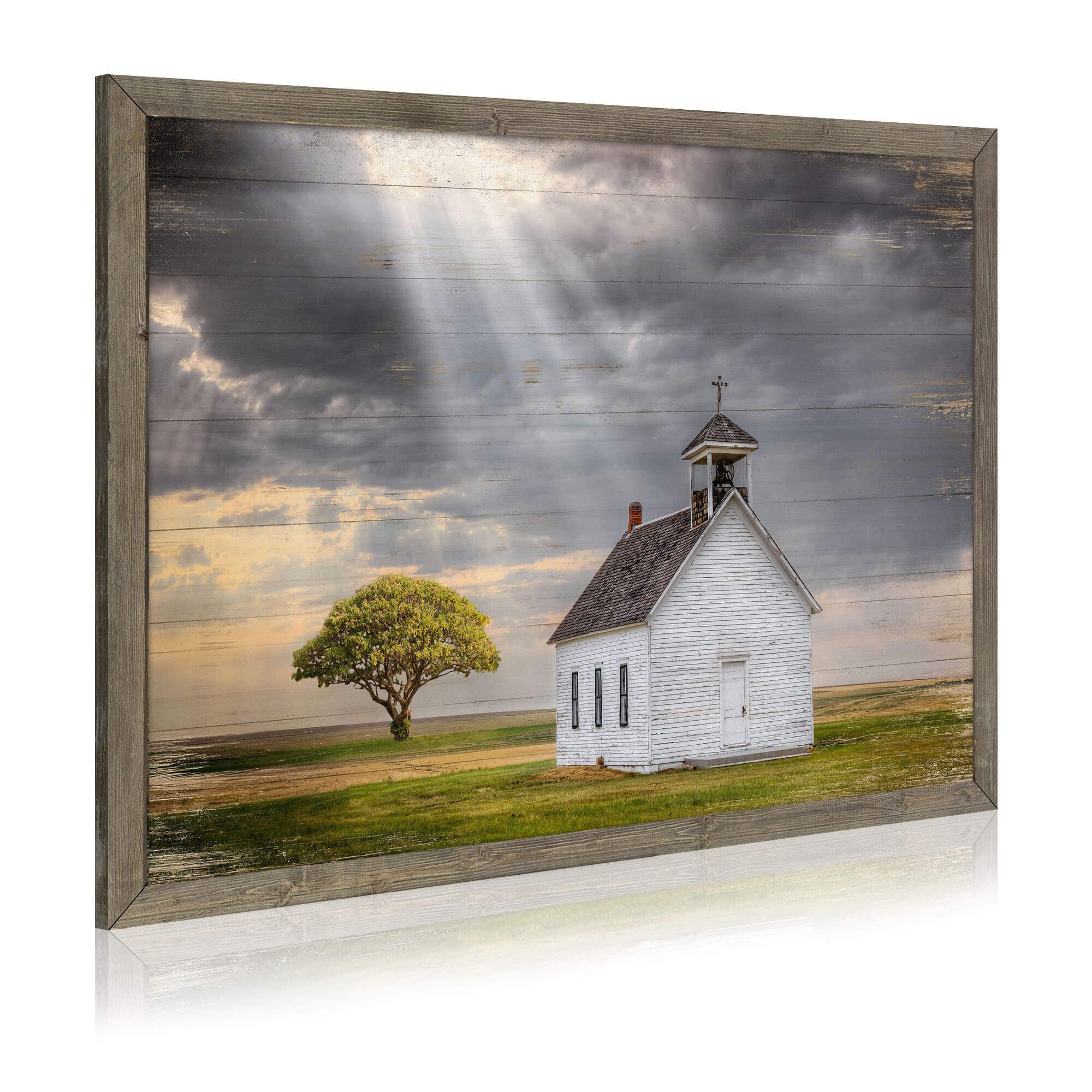 Photo 1 of Beautiful Scene Wooden Art Framed: Little House under the Sun Wood Artwork Painting with Framed for Office (12'' x 16'' x 1 Panel)