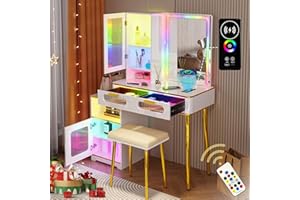 HNEBC White Vanity Desk, Makeup Vanity Desk with Lights and LED Mirror, Vanity Table Set with USB+Type-C+Wireless Charging Station, 24 Color Lights, Drawers, Stool, Sensor Mode,31.5" Dx15.7 Wx53.9 H