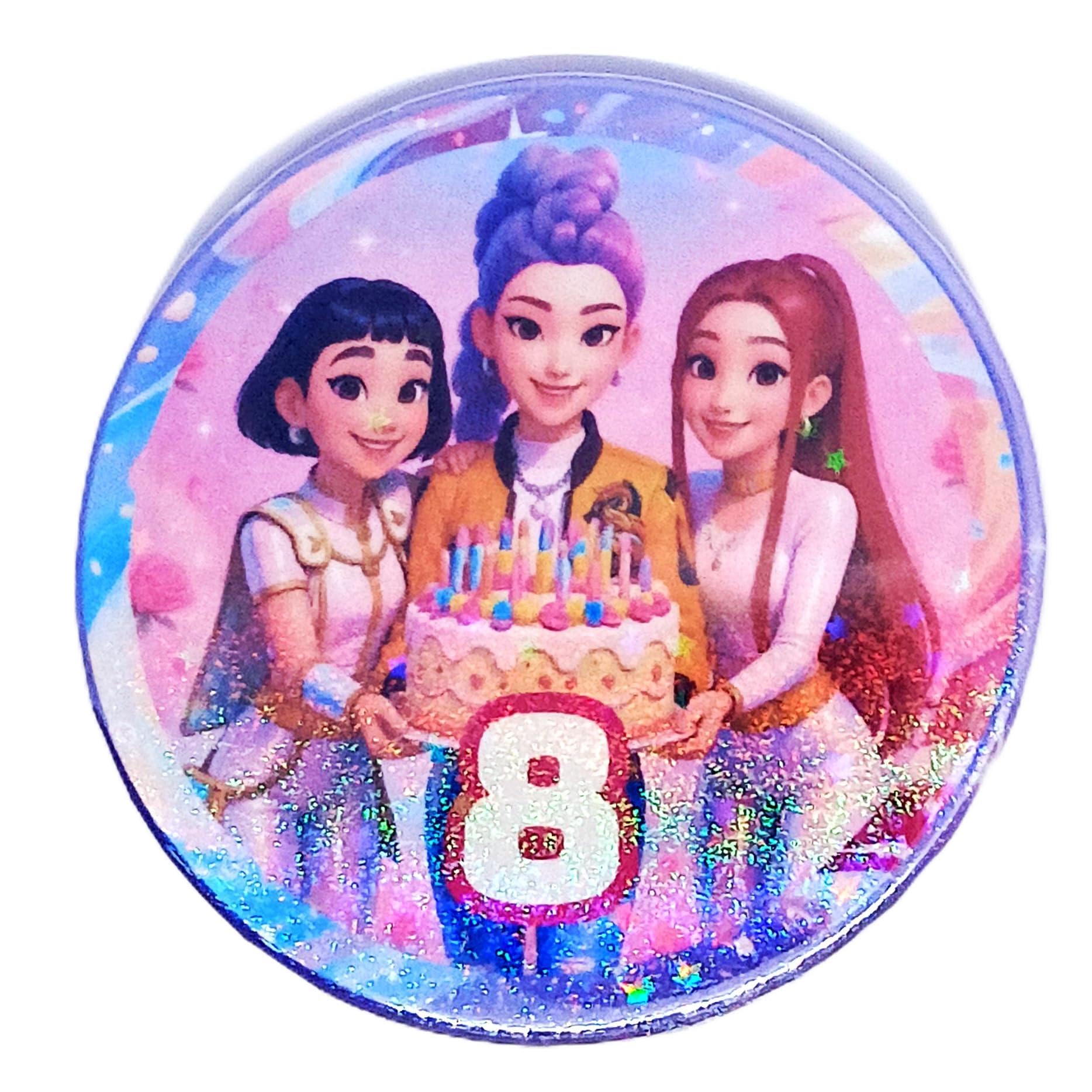 Holographic K-POP Birthday Badge – Custom Age 3-9 Party Favour Badge – Personalised Rainbow Sparkle 58mm Pin (Age 8 KPOP Badge)