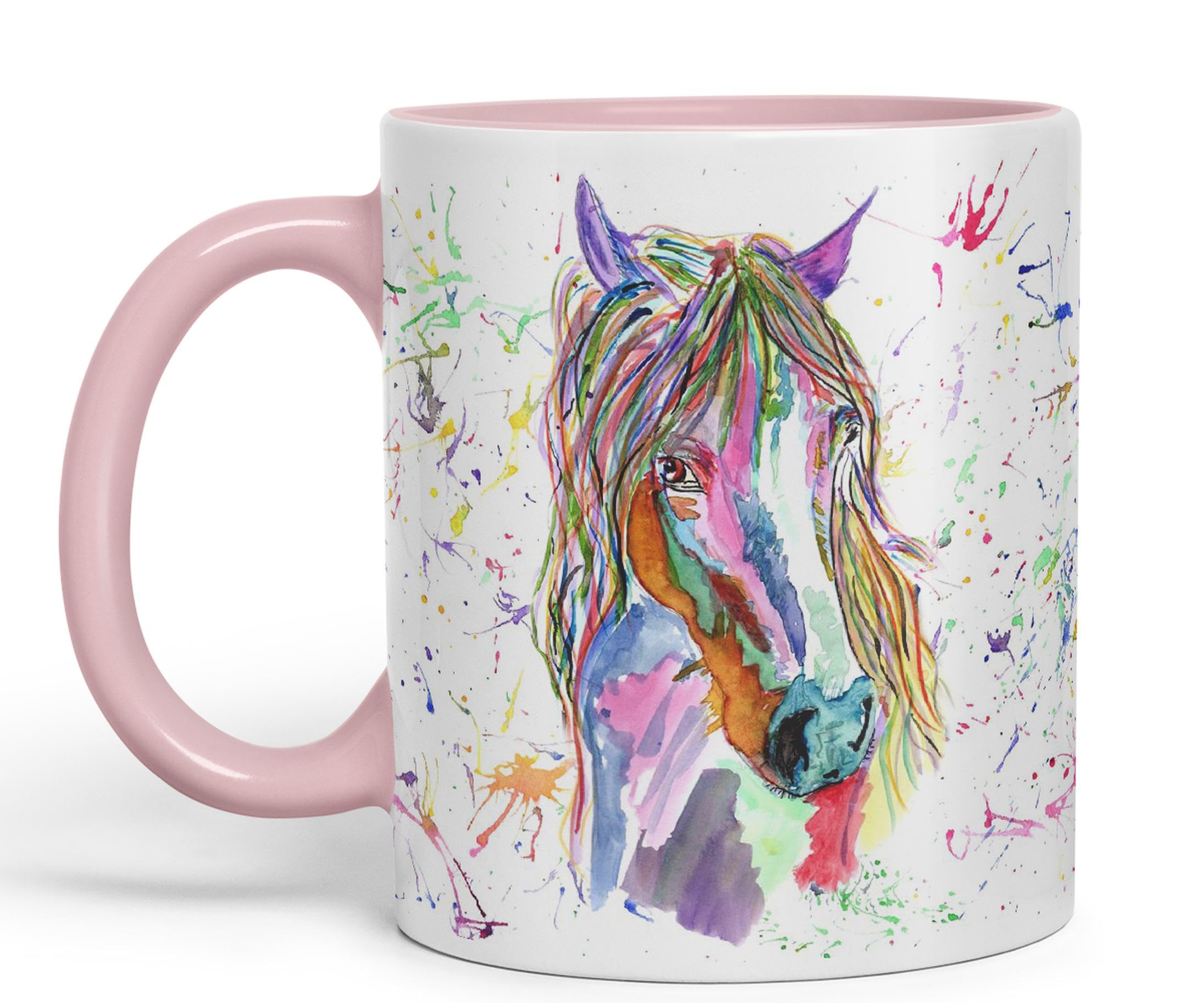 Vixar Horse Watercolour Rainbow Art Coloured Mug Cup, Gift, Birthday, Work, Office, Christmas Tea Coffee (Pink)