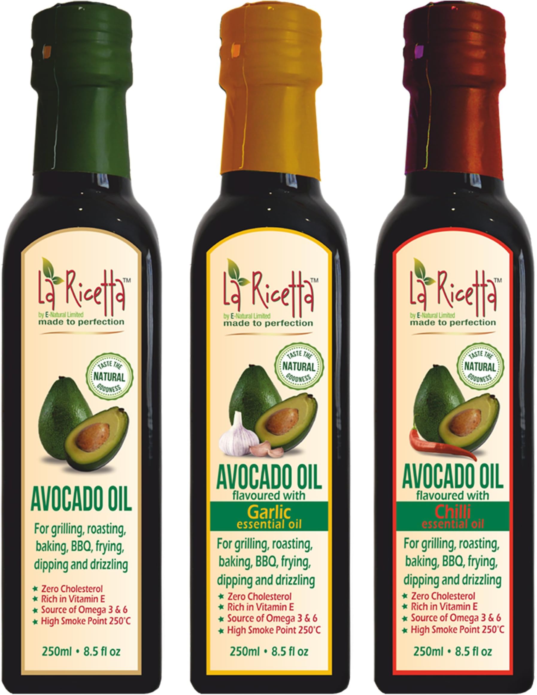 La Ricetta Avocado Oils Set - Plain, Garlic & Chilli Flavours - Zero Cholesterol - 100% Natural for Healthy Cooking, Roasting, Baking, Drizzling, Dipping, BBQ and Frying - 3 x 250 ml