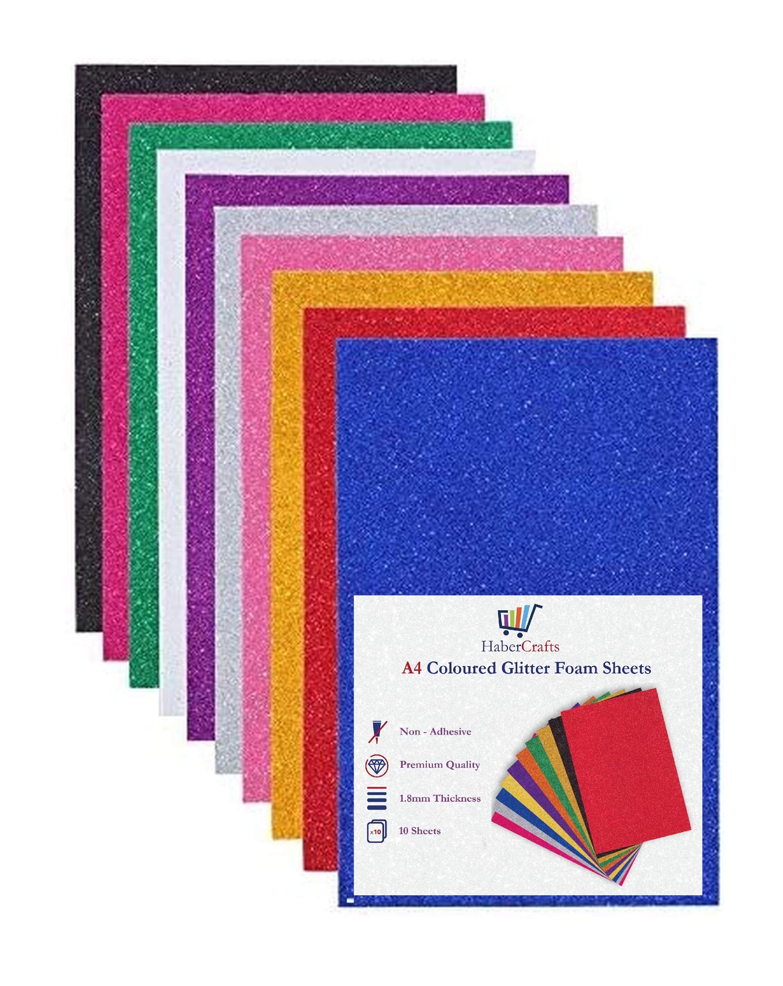 Glitter Foam Sheets Craft Foam Craft EVA Foam Shiny Glittery Sparkle Colour Flexible Soft Touch Easy Cut Card Making Art Crafts 210mm × 297mm A4 Size 1.8mm Thick (10 Colours – 10 Sheets)