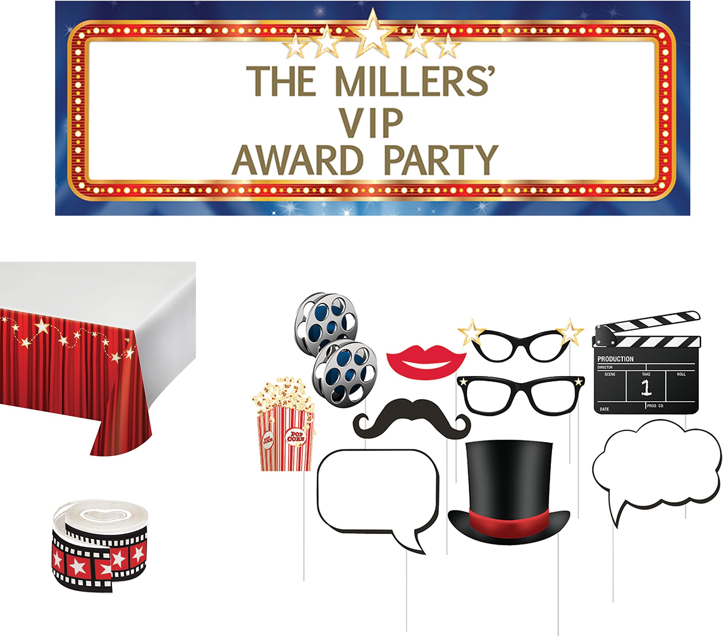 Movie Theme Party Supplies โ Hollywood Lights - Giant Party Banner, Photo Booth Props, Table Cover, and Streamers
