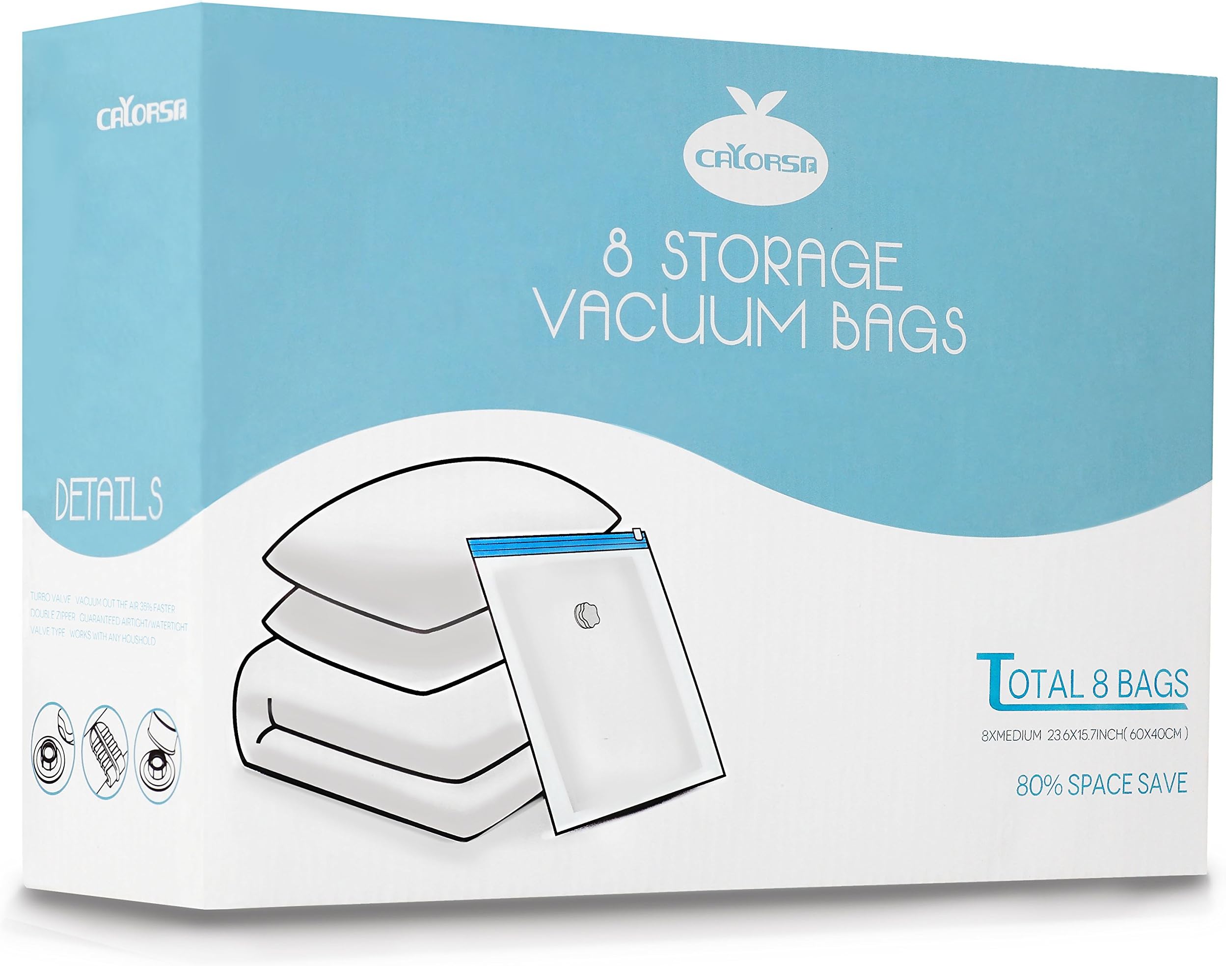CALORSA Vacuum Storage Bags with Hand Pump 8-Pack (8 Medium) Home & Travel Organization Airtight Compression Seal Premium Space Saver for Clothes, Bedding, Toys