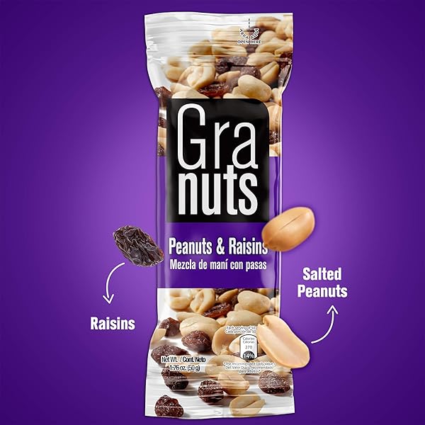 GRANUTS PEANUTS AND RAISINS, CLASSIC SNACK MIX, 1.41 OZ (PACK OF 12)