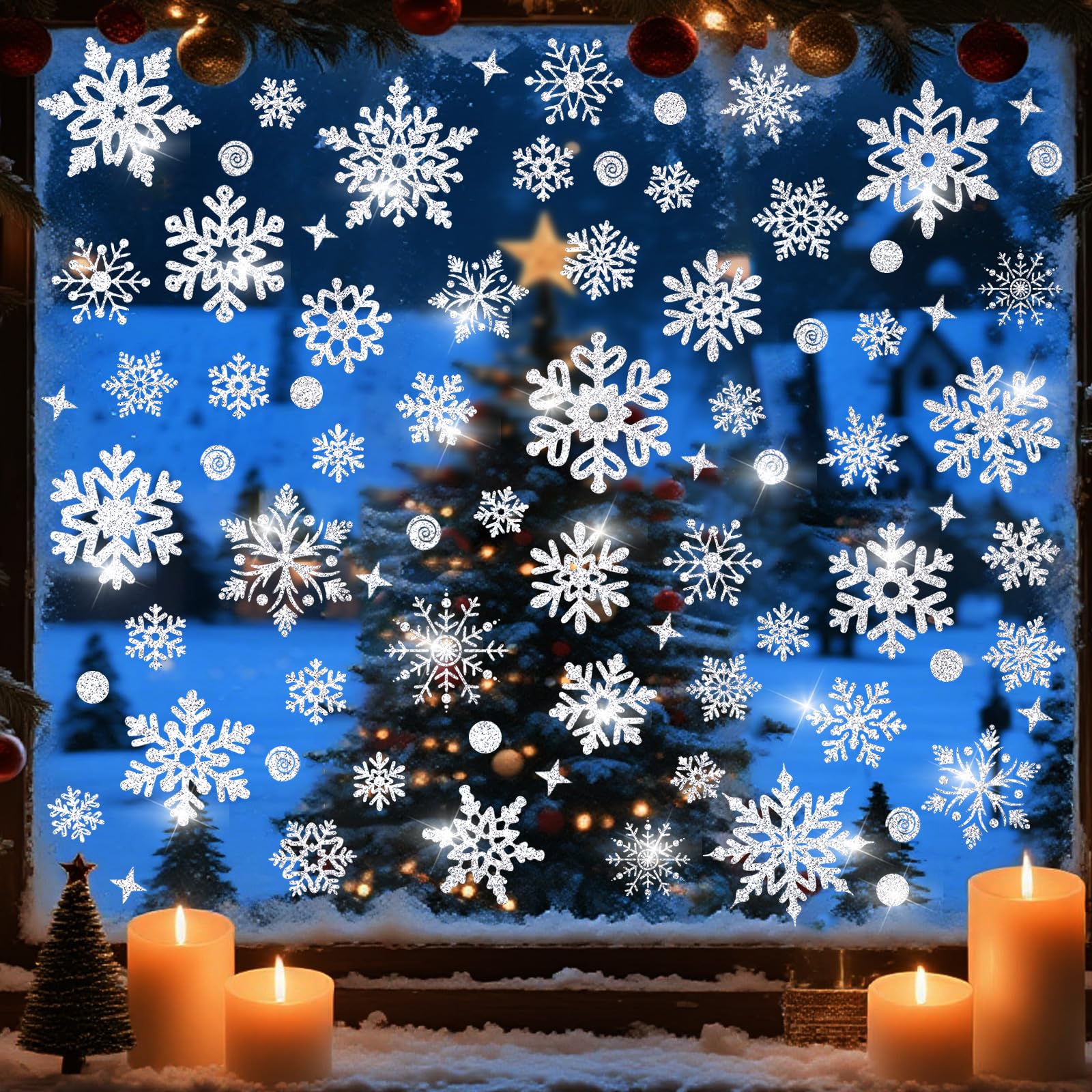 Photo 1 of 170PCS Glitter Christmas Window Clings Snowflake Window Clings for Glass Windows Silver Snowflake Window Stickers