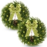 Relaxgiant 2 Pack 22 Inch Pre-Lit Christmas Wreath Norfolk Pine Wreath with Velvet Bow and Bells Realistic Greenery Holiday Decoration for Front Door Indoor Outdoor Christmas Decor (Olive Green)