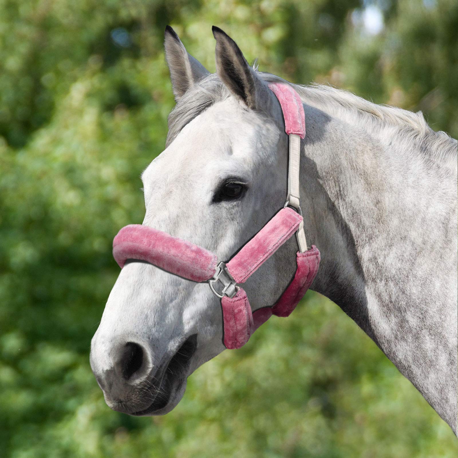 Harrison Howard Horse Halter Fleece Cover Set – Full Coverage Anti-Rub Halter Covers for Horses, Noseband, Chin & Crown Protection, 9-Piece Padding Set Pink