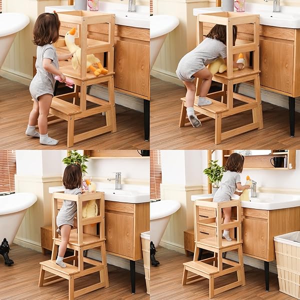 KITCHEN STEP STOOL FOR KIDS WITH SAFETY RAIL,TODDLER STANDING TOWER FOR KITCHEN COUNTER, BABY MONTESSORI STOOL,SOLID WOOD CONSTRUCTION,NATURAL