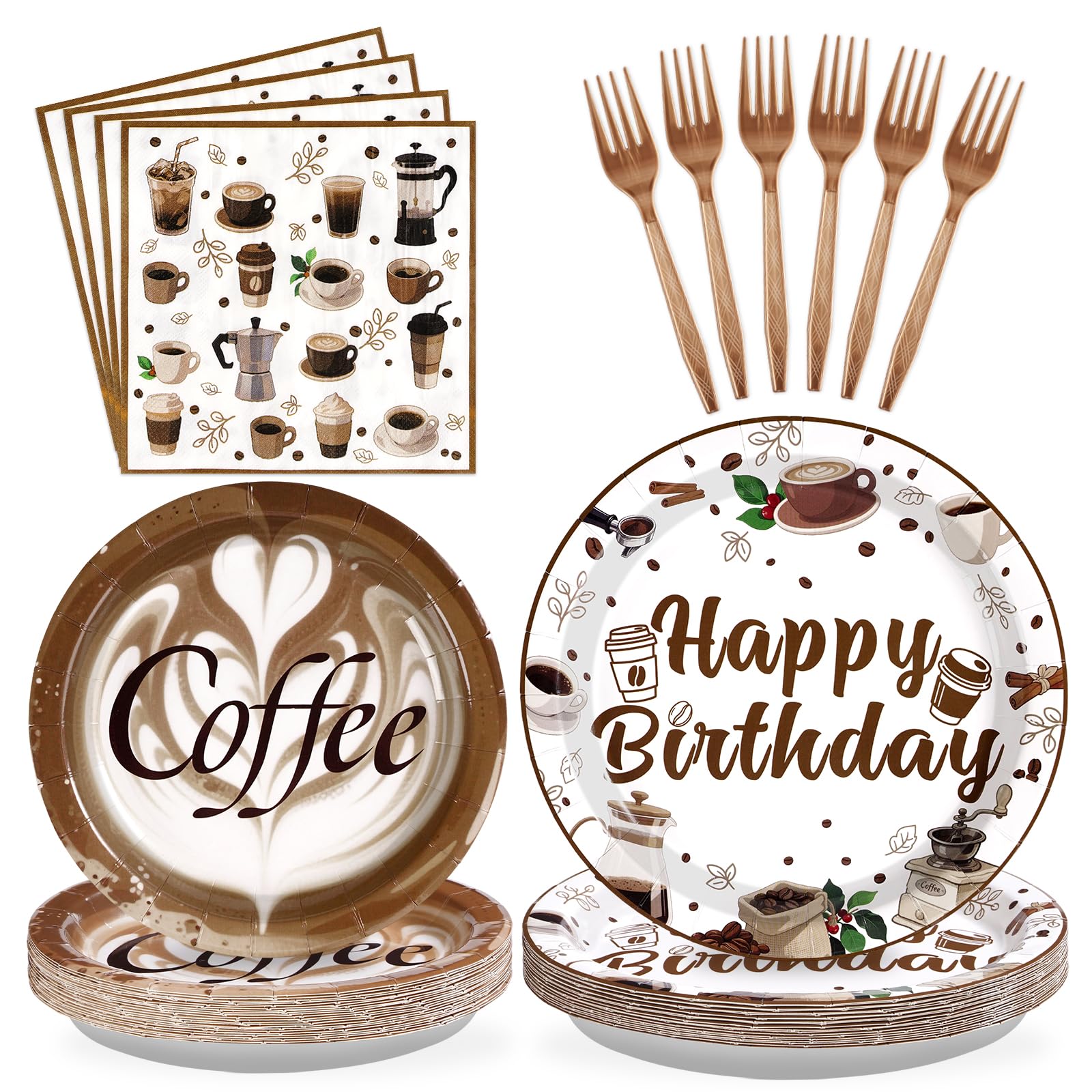 Grencian 96Pcs Brown Coffee Happy Birthday Party Decorations Supplies Coffee Theme Plates and Napkins Latte Art Disposable Tableware Set for Cappuccino Lover Adult Birthday Party Decorations Serve 24