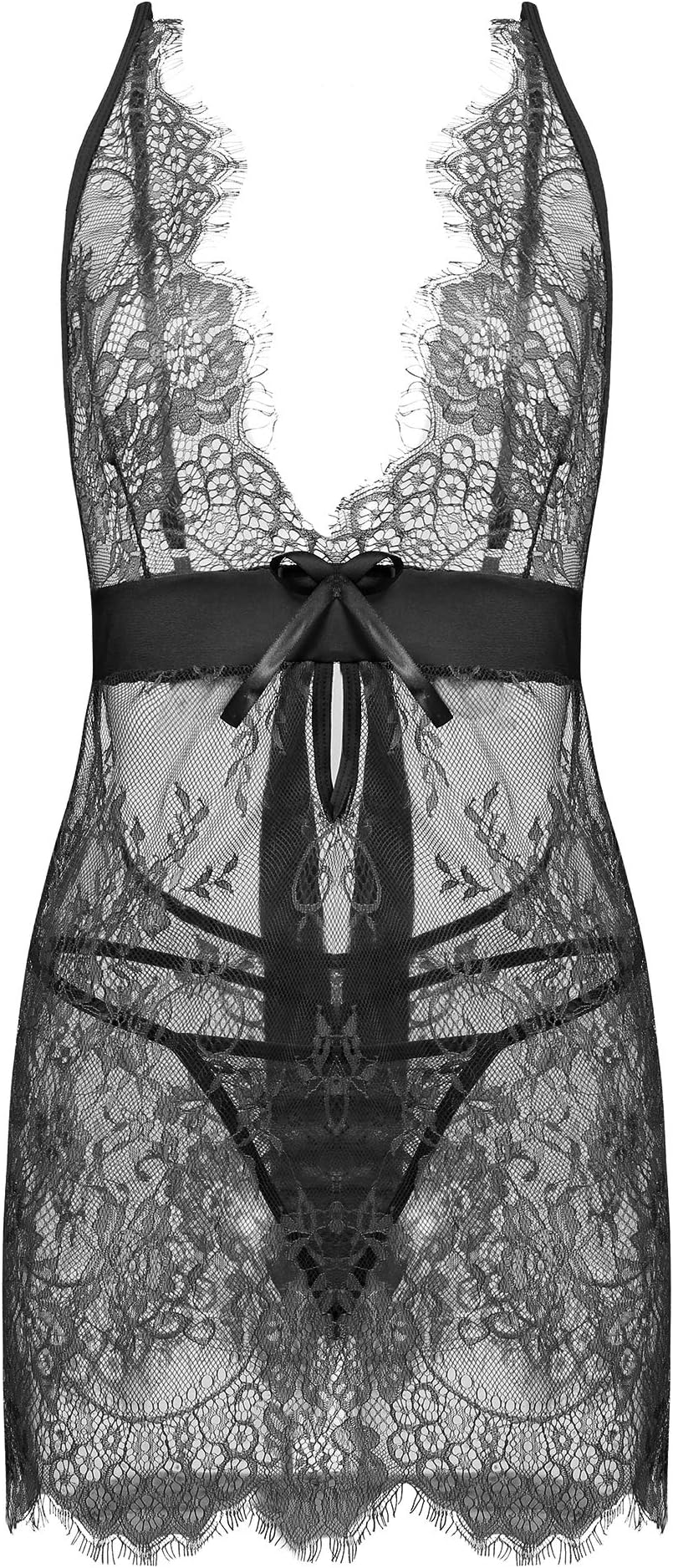 Giorzio Women's Sexy Lingerie Soft Sleepwear Set Halter Dress Comfortable Nightwear,Black,L