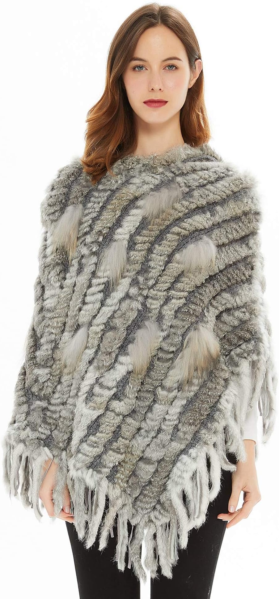 Ferand Women's Knitted Genuine Rabbit Fur Cape Poncho for Winter