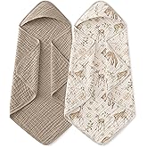 Yoofoss Hooded Baby Towels for Newborn 2 Pack 100% Muslin Organic Cotton Baby Bath Towel with Hood for Babies, Infant, Toddler and Kids, Large 32x32Inch, Soft and Absorbent Newborn Essential