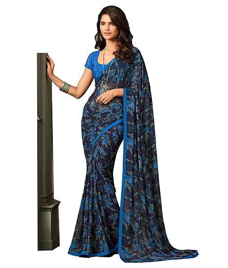 Womens Georgette Printed Satin Border Saree with Blouse Material (RKRUGL2504D, Blue)